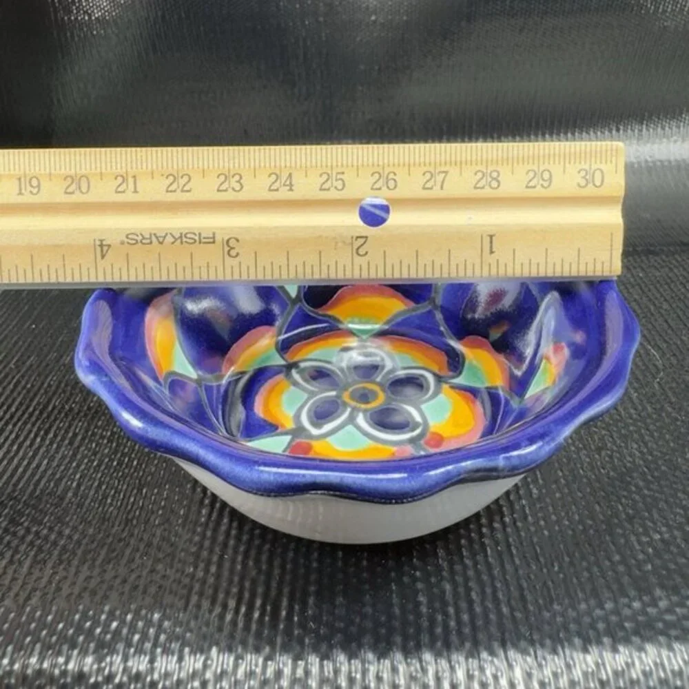 Vintage Hand‎ Made Mexico Pottery Talavera Multicolor Salsa Dish Bowl Wavy Edges